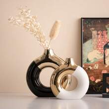 1 件白色黑色镀金陶瓷花瓶用于装饰，现代家居装饰花瓶，波西米亚风装饰花瓶，圆形花瓶，圆形花瓶，甜甜圈花瓶，婚礼晚宴桌派对客厅办公室卧室室内装饰的装饰花瓶，家居装饰，花瓶，中心装饰，桌面装饰 - 彩色 - 查看 1