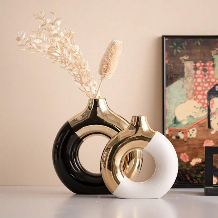 1 件白色黑色镀金陶瓷花瓶用于装饰，现代家居装饰花瓶，波西米亚风装饰花瓶，圆形花瓶，圆形花瓶，甜甜圈花瓶，婚礼晚宴桌派对客厅办公室卧室室内装饰的装饰花瓶，家居装饰，花瓶，中心装饰，桌面装饰 - 彩色 - 查看 1