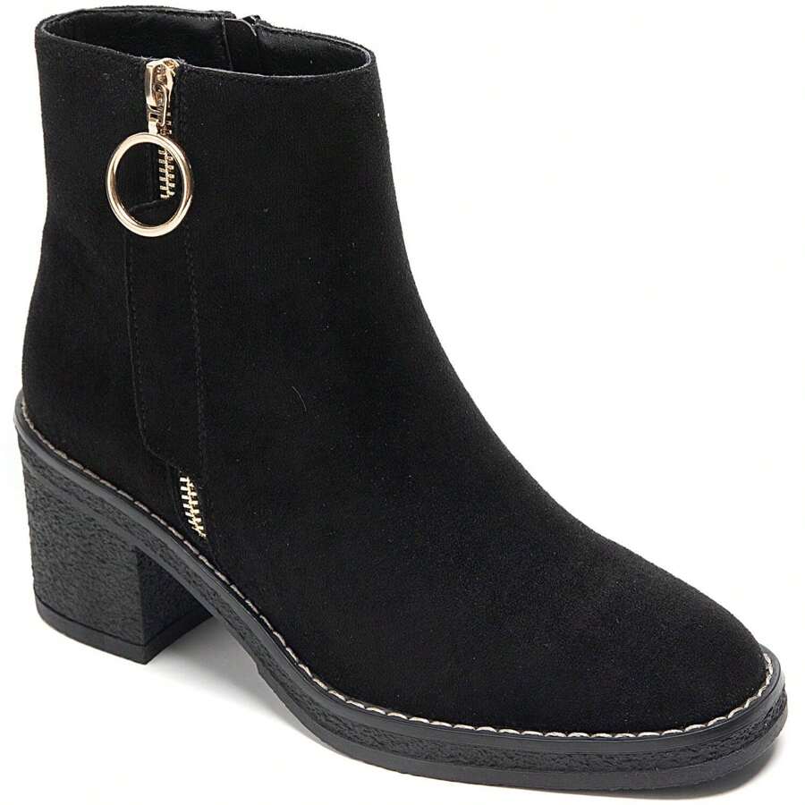 Suede Ankle Boots With Mid-Heel And Gold Zip – Refined Simplicity And Everyday Comfort - Black - View 1