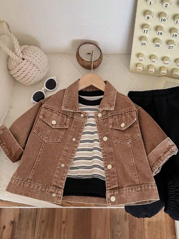 年轻男孩新款时尚休闲印花牛仔夹克，秋季 - 黃色 - 查看 2