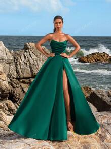 Faeriesty Elegant Strapless Ruched Bodice High-Slit Evening Gown Spring/Summer Formal Dress For Weddings, Party Dress, Wedding Guest Dress