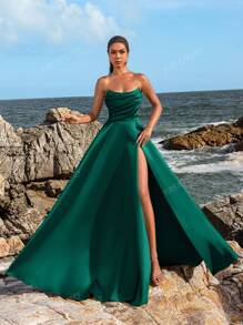 Faeriesty Elegant Strapless Ruched Bodice High-Slit Evening Gown Spring/Summer Formal Dress For Weddings, Party Dress, Wedding Guest Dress