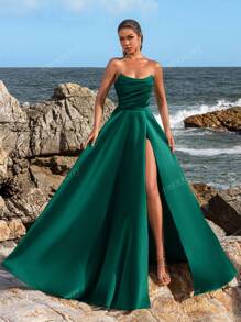 Faeriesty Elegant Strapless Ruched Bodice High-Slit Evening Gown Spring/Summer Formal Dress For Weddings, Party Dress, Wedding Guest Dress