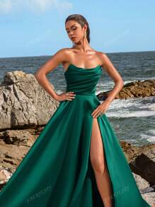 Faeriesty Elegant Strapless Ruched Bodice High-Slit Evening Gown Spring/Summer Formal Dress For Weddings, Party Dress, Wedding Guest Dress