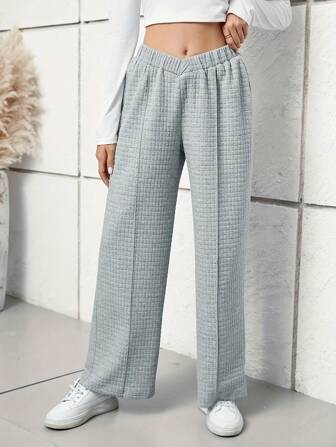 Women High Waist Drawstring Slit Pocket Straight Leg Casual Wide Leg Pants