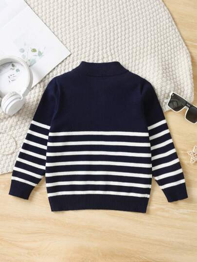Young Boy Classic Stripe Pullover Half-Zip Mock Neck Sweater, Suitable For School In Spring, Autumn And Winter