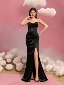 少女纯色筒形晚礼服：引人注目的高开衩设计，迷人的鱼尾裙摆和束腰设计——非常适合学校正式活动 - 黑色 - 查看 2