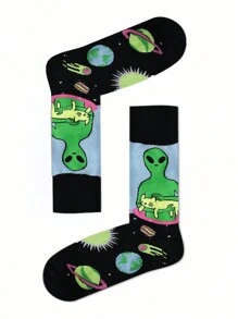 1pair Women's Versatile Comfortable Alien Pattern Crew Socks, Fall - Multicolor - View 5