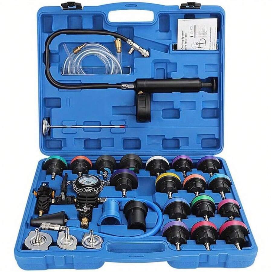28Pcs Radiator Pressure Tester Kit - Universal Cooling System Diagnostic Tool Professional Radiator Leak Detection Coolant Filling Kit For Cars - Blue - View 1