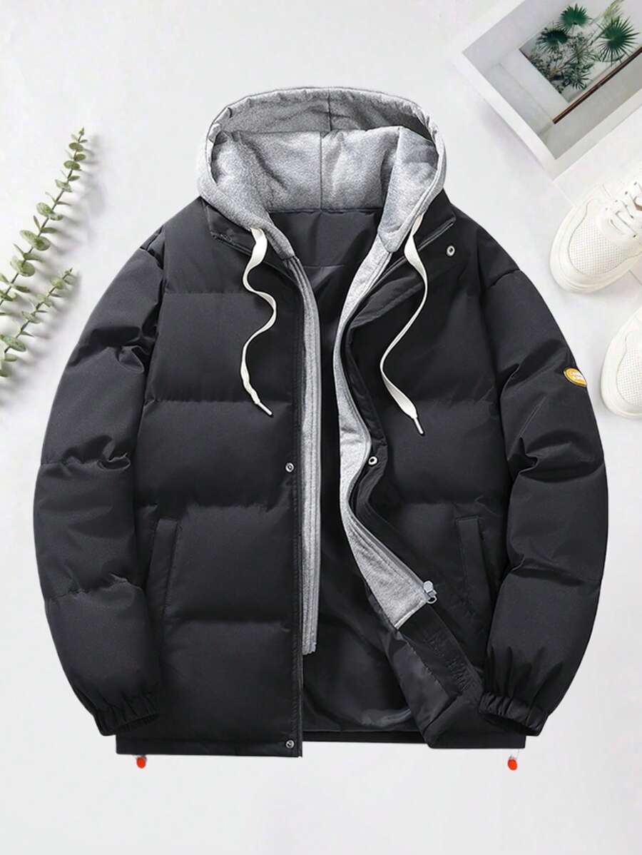 男士二合一羽绒服宽松加厚保暖情侣棉衣冬季 - 黑色 - 查看 1