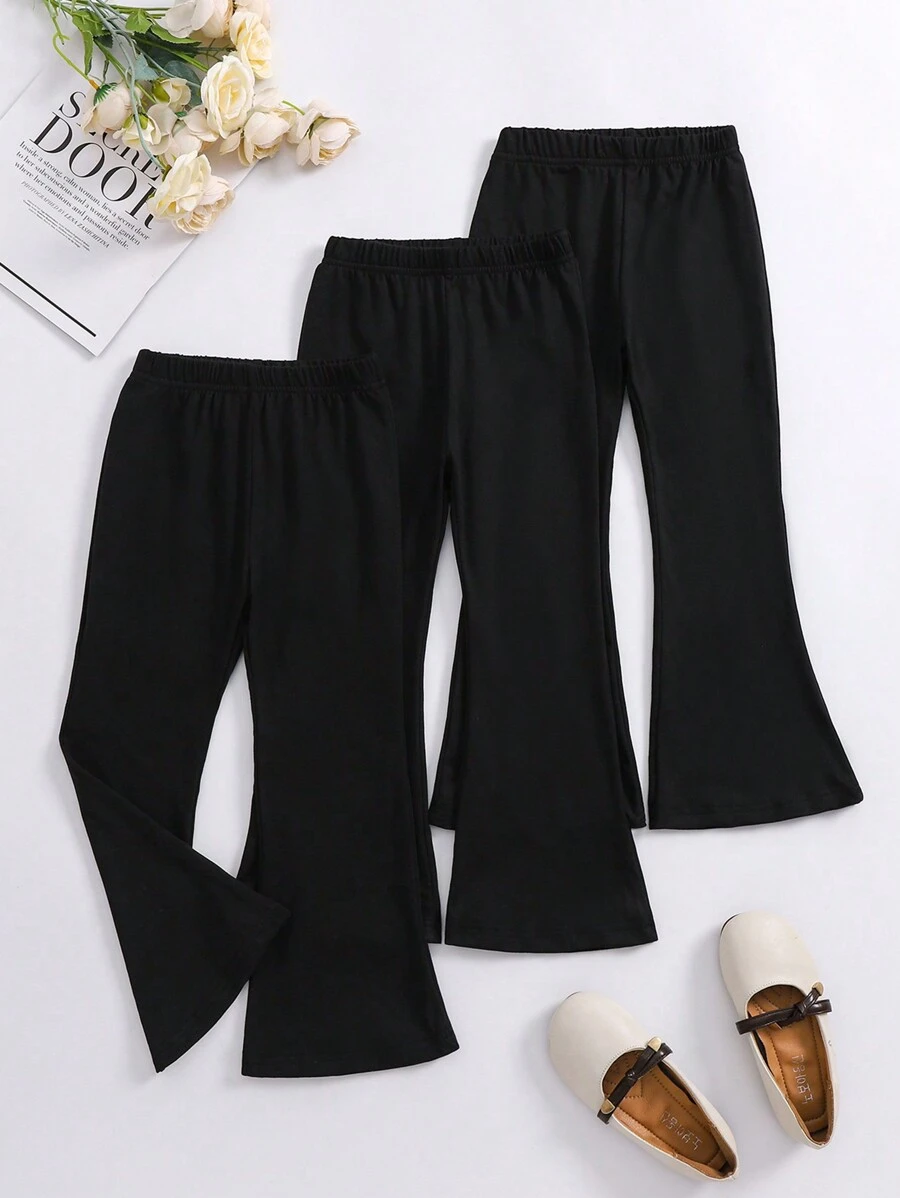 3pcs Young Girl Solid Color Casual Flare Pants Set, Fall - Black - View 1