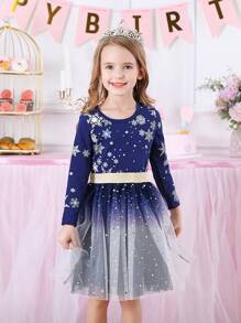 BTDREAM Váy Giáng sinh cho bé gái in hình bông tuyết Quần áo tiệc năm mới cho trẻ em Váy công chúa dài tay lưới tương phản mùa đông cho bé gái - Xanh đậm - Xem 1