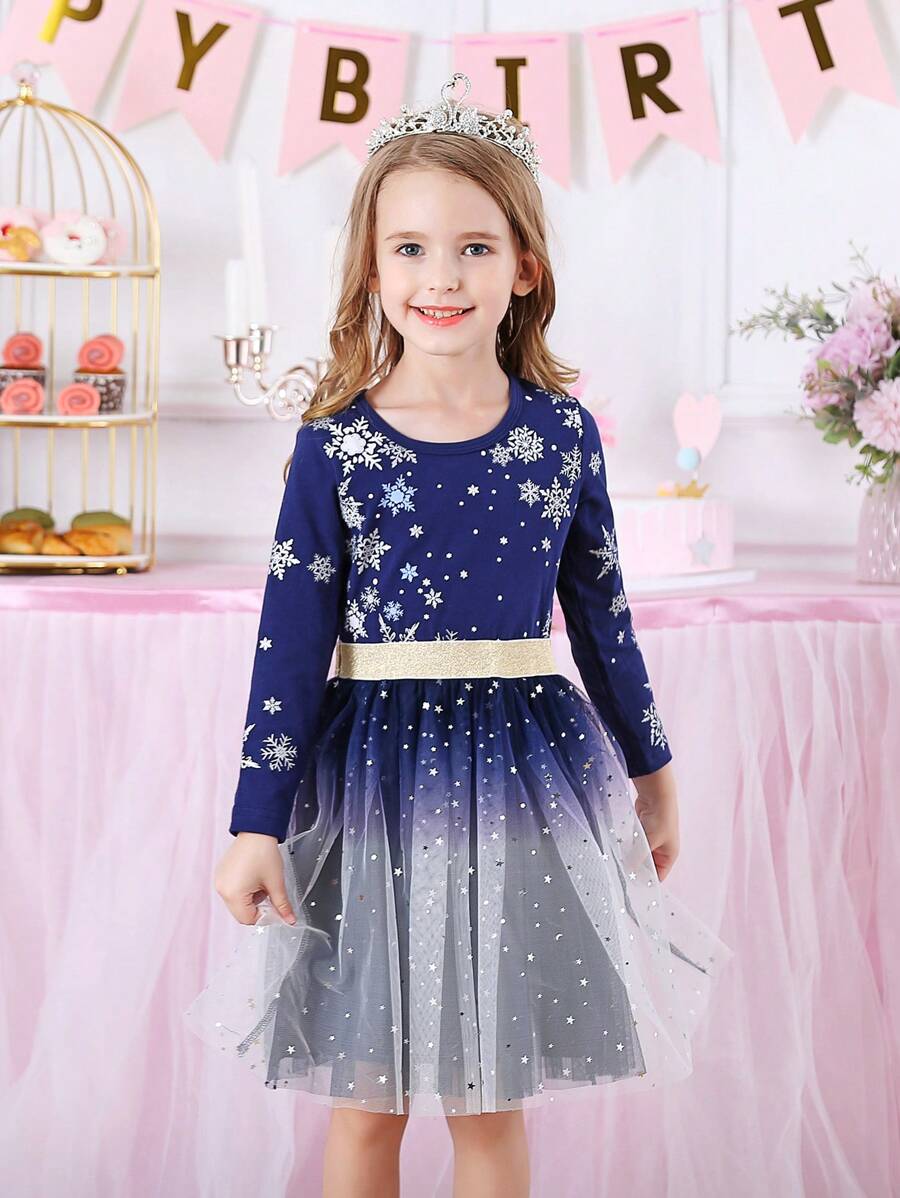 BTDREAM Váy Giáng sinh cho bé gái in hình bông tuyết Quần áo tiệc năm mới cho trẻ em Váy công chúa dài tay lưới tương phản mùa đông cho bé gái - Xanh đậm - Xem 1