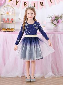 BTDREAM Váy Giáng sinh cho bé gái in hình bông tuyết Quần áo tiệc năm mới cho trẻ em Váy công chúa dài tay lưới tương phản mùa đông cho bé gái - Xanh đậm - Xem 2