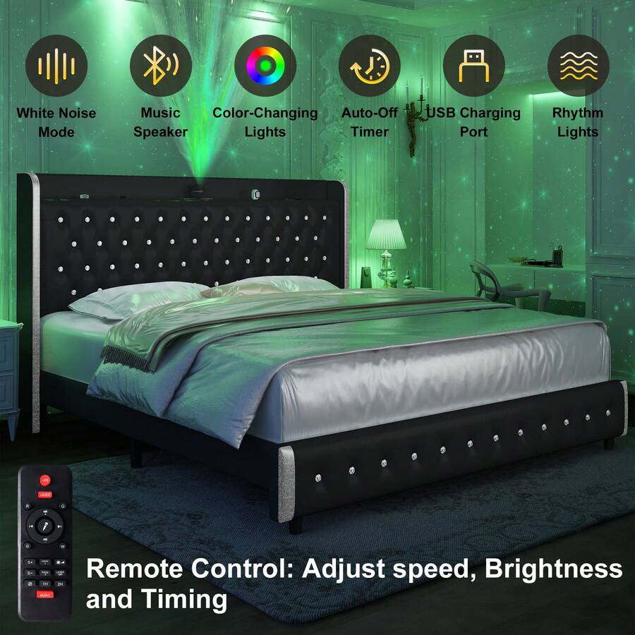 Queen LED Bed Frame With Galaxy Projector, Bluetooth Speakers, USB