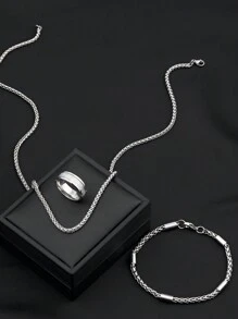 Men's Stainless Steel Jewelry Set Chain Necklace Chain Bracelet Chain Anxiety Ring Simple Sporty Style Suitable For Everyday Wear Holiday Gifts(Item Does Not Include Box)