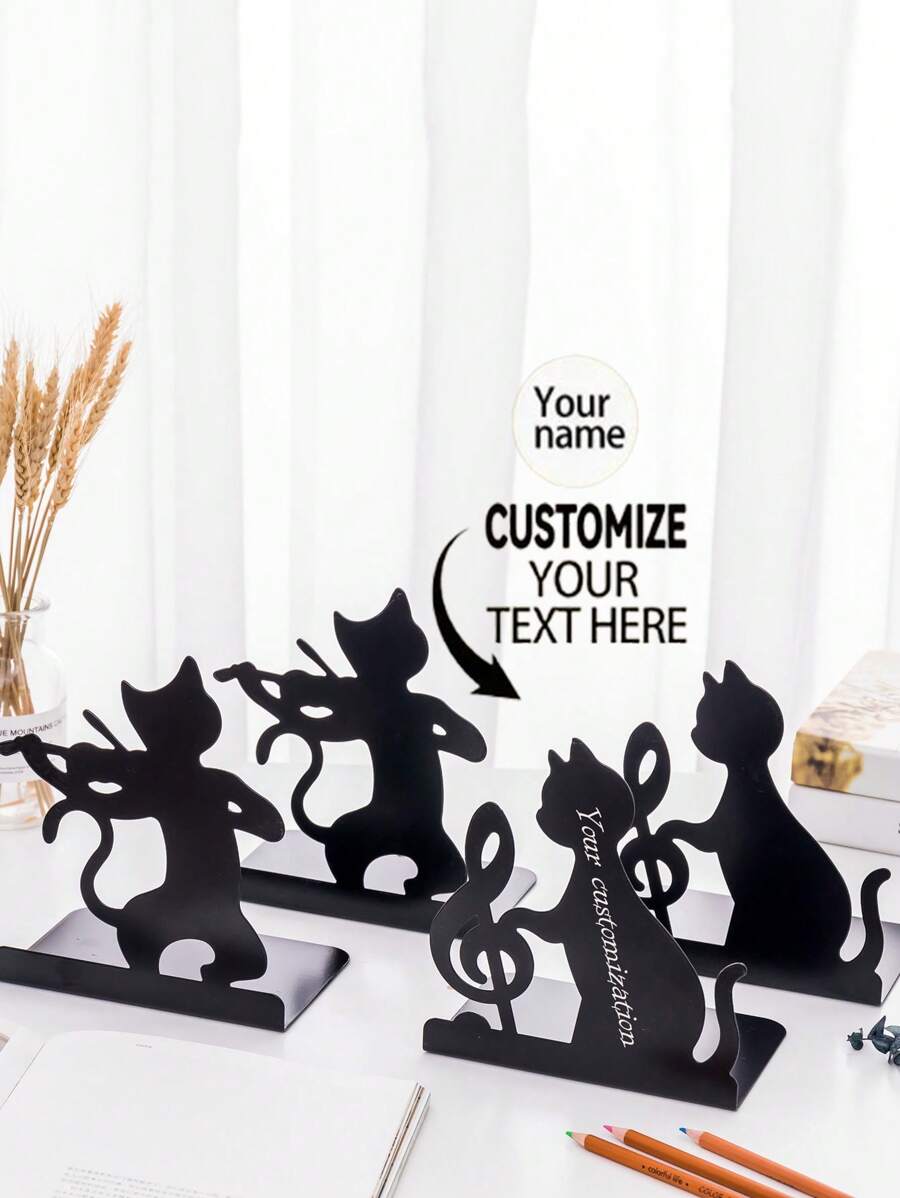2pcs Cat-Shaped Metal Bookends, Lacquered Surface, Stand-Up Book Rack Design, Heavy Duty Non-Slip Book Supports, Multi-Purpose Bookshelf Dividers, Suitable For Home And Office, Fit For Various Room Types Back To School