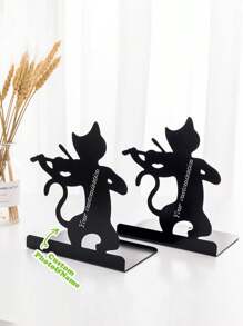 2pcs Cat-Shaped Metal Bookends, Lacquered Surface, Stand-Up Book Rack Design, Heavy Duty Non-Slip Book Supports, Multi-Purpose Bookshelf Dividers, Suitable For Home And Office, Fit For Various Room Types Back To School