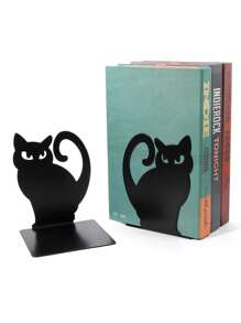 2pcs Cat-Shaped Metal Bookends, Lacquered Surface, Stand-Up Book Rack Design, Heavy Duty Non-Slip Book Supports, Multi-Purpose Bookshelf Dividers, Suitable For Home And Office, Fit For Various Room Types Back To School