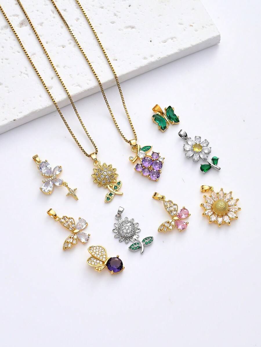 1-5 件时尚金属铜镀金锆石水晶向日葵葡萄蝴蝶花吊坠首饰制作 DIY 用品，适合家庭、情侣、朋友作为项链、耳环、钥匙扣、手机链装饰品和礼物 - 彩色 - 查看 1