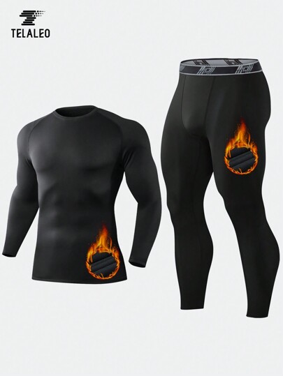 TELALEO Conjunto de 2 conjuntos de roupa íntima térmica masculina de inverno, de lã, com alta elasticidade e compressão, roupa de ginástica justa, camada de base justa e forrada de lã