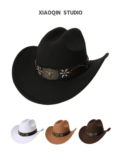 1pc Women's Leather Decorated Knitted Hat, Retro Wide Brim Western Cowboy Hat, Jazz Cap, Fashionable All-Match, Suitable For Spring, Summer, Autumn And Winter