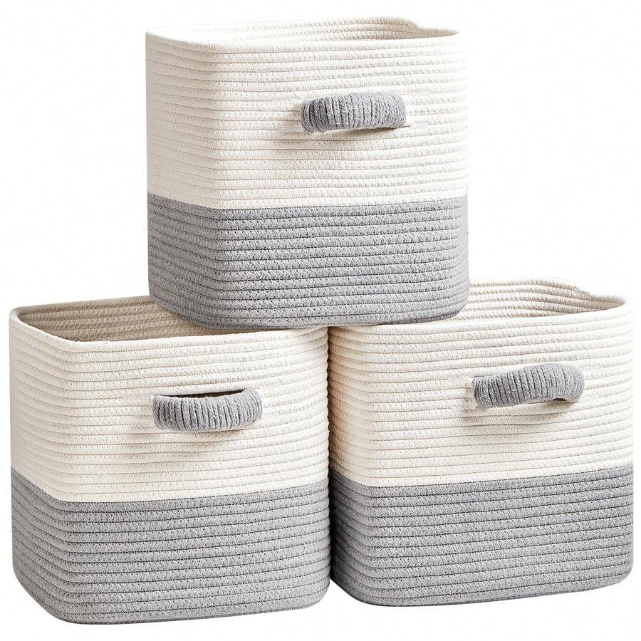 Storage Cube Baskets For Organizing - 3 Pack - 11 Inch Square Baskets For Cube Storage, Closet Storage Bins - Woven Cube Storage Bins For Shelves - Cube Drawer - Ideal For Toy Storage - Trắng và xám - Xem 1