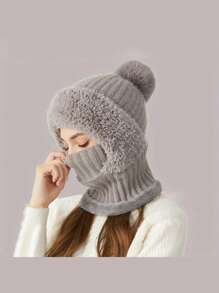 1 Pc WarmthMax Thermal Lined Knit Hat - Windproof, Thermal Insulation, Earflap Protection, Hooded Neck Gaiter, Breathable, Moisture-Wicking, Outdoor Cycling Essential For Cold Weather