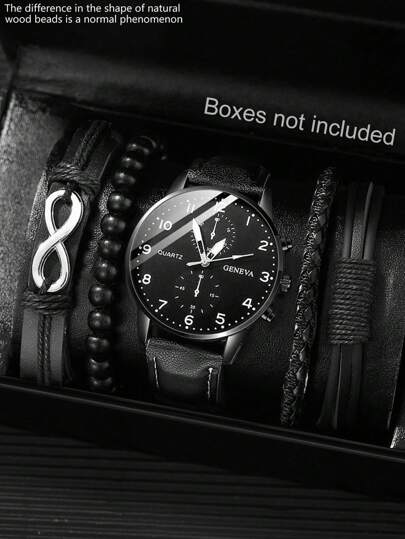 一套男士手表，休闲运动时尚工业风圆形表盘石英表，配真皮表带，朋克风手链套装，PU编织环绕式腕带，适合日常佩戴、生日礼物、派对、节日聚会，是送给自己或朋友的理想礼物。不含包装盒。