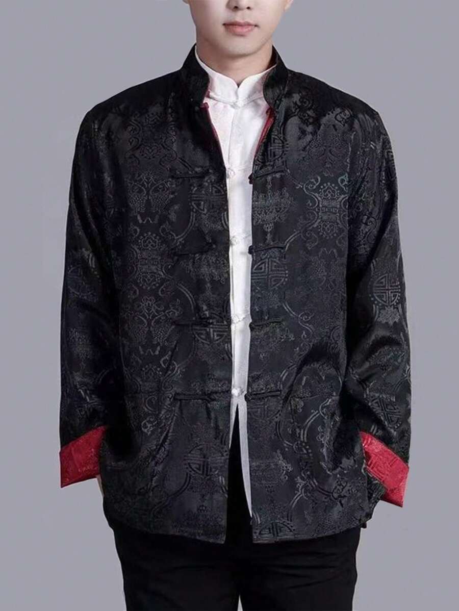 男士中国龙衬衫功夫外套中国新年唐装男士传统中国服装夹克汉服男装 - 黑色 - 查看 1