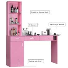 Salon Station, Barber Hair Stylist Storage Cabinet With Drawer, Wall Mount Hair Styling Equipment With 3 Drawers, 3 Hair Dryer Holes, 3 Open Shelves,2 Compartments, Durable MDF, Organizer Equipment For Beauty Salon, Barbershop, Black/ Pink/ White - 粉色 - 查看 6