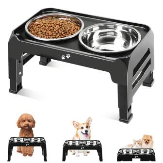 Elevated Dog Bowls For Small To Medium Dogs 3 Height Adjustable Raised Dog Bowl Racks 6" Stainless Steel Dog Food Bowls Anti-Slip Dog Feeder Adjustable To 2.75", 6", 7.5", Black, Gray, Light Brown Gray