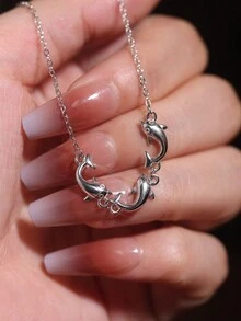 1 bộ trang sức bạc Sterling 925 mạ vàng trắng hình cá heo dễ thương đính đá Cubic Zirconia - Dây chuyền & vòng tay, thích hợp cho bạn bè/bạn gái, đeo hàng ngày, đi làm và đi nghỉ - Màu tím - Xem 4