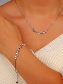 1 bộ trang sức bạc Sterling 925 mạ vàng trắng hình cá heo dễ thương đính đá Cubic Zirconia - Dây chuyền & vòng tay, thích hợp cho bạn bè/bạn gái, đeo hàng ngày, đi làm và đi nghỉ - Màu tím - Xem 1