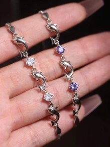 1 bộ trang sức bạc Sterling 925 mạ vàng trắng hình cá heo dễ thương đính đá Cubic Zirconia - Dây chuyền & vòng tay, thích hợp cho bạn bè/bạn gái, đeo hàng ngày, đi làm và đi nghỉ - Màu tím - Xem 5