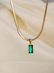 3 件套不锈钢方形绿水晶立方氧化锆项链和耳环套装，新款时尚珠宝，不褪色，适合男士、女士和女孩日常佩戴