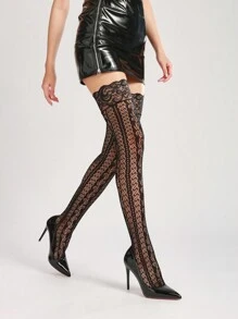 1 paire de bas hauts/cuissardes sexy noirs en jacquard pour femmes, avec motif en silicone antidérapant. Style résille, E-girl - Noir - Voir 3