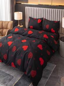 KUUP-ZHIZAO 3pcs Holiday Bedding Set: 100% Polyester 80gsm Heart Pattern Duvet Cover And Pillowcases (1 Duvet Cover + 2 Pillowcases)