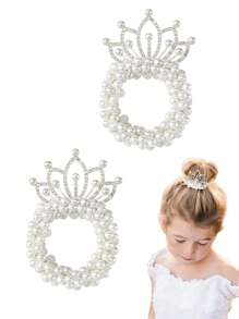2 piezas Lazos para el cabello de niña, Scrunchies con cuentas de perlas y corona, Bandas elásticas para el cabello, Sujetadores de coleta, Accesorios para el cabello para princesa con diademas brillantes con cristales - Blanco - Ver 3