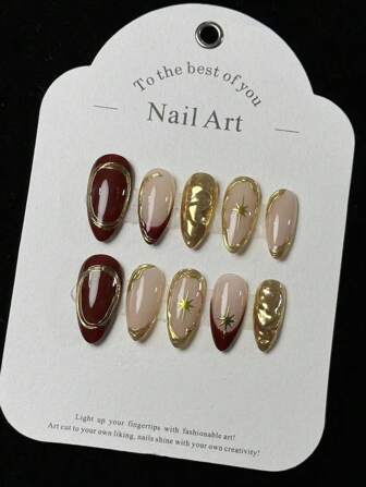 10 片手工杏仁形深红色法式指套，带不对称金线装饰 3D 星形设计，精致简约优雅假指甲，按压式指甲，美甲用品