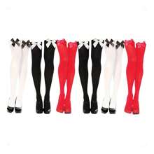 Kit 6 Women's Sexy Plain 7/8 Thigh High Stockings With Bow - 彩色 - 查看 2