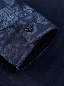 Men Rose Pattern Jacquard Long Sleeve Shirt - Navy Blue - View 8