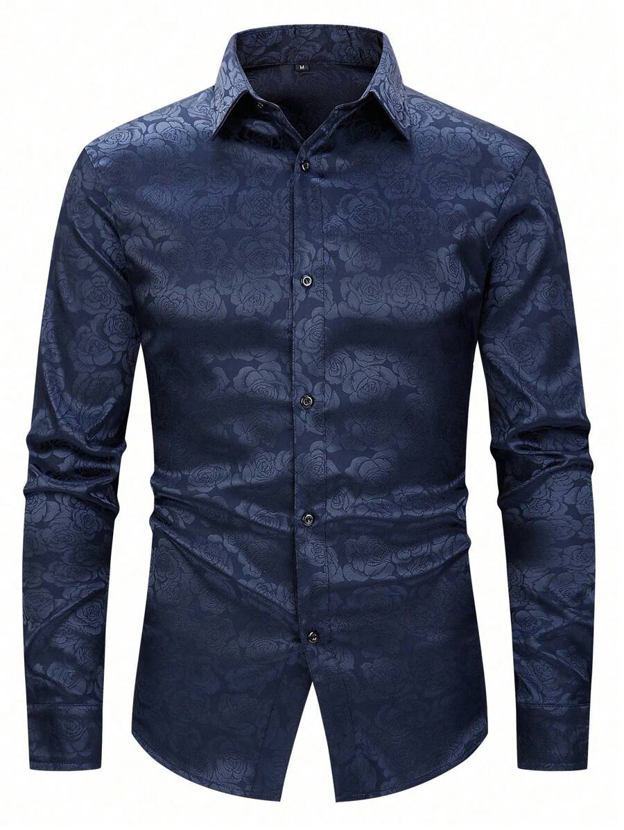 Men Rose Pattern Jacquard Long Sleeve Shirt - Navy Blue - View 1