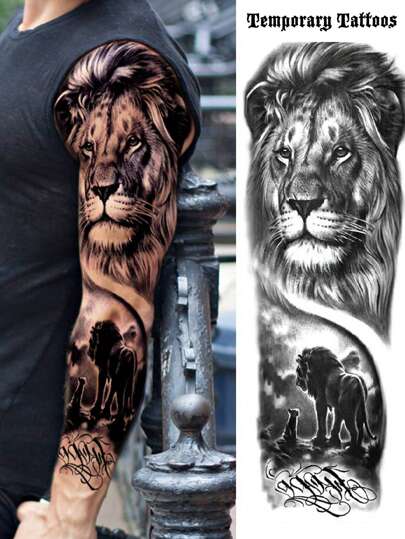 1 Sheet Full Arm Lion Family Temporary Tattoos Sleeve For Women Adults Legs Thigh Shoulder, Realistic Waterproof Long Lasting Fake Sleeve Tattoos For Men Stickers