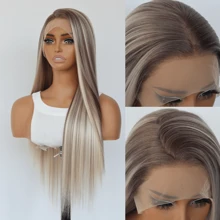 Ombre Blonde Straight Wig Mixed Brown And Blonde Color Lace Front Wigs For Women Highlight Synthetic Wig 13x4 Lace Front Wigs 150 Density 24 Inches - 間色 - 查看 3
