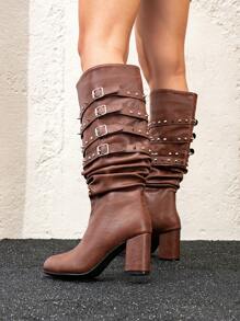 Women's Sexy Punk Rivet Pointed Toe Boots, Metal Buckle Strap Thick Heel Over-The-Knee Boots - Brown - View 5