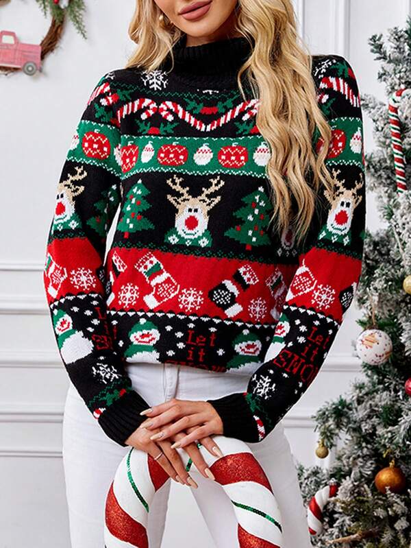 Nova chegada feminina gola alta manga comprida quente fofo boneco de neve estampa suéter de natal, outono/inverno