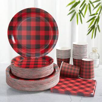 Red & Black Plaid Disposable Dining Plates, Napkins & Cups, 7/9 Inch Christmas Holiday Party Disposable Plates, Napkins & Cups Set, Paper Plates, Napkins & Cups For Party Supplies, Suitable For Holiday Party Decoration,Christmas