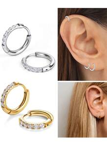 14K Gold Plated Stainless Steel Huggie Hoop Earrings,Dainty Pave Cubic Zirconia Cartilage Tiny Earring For Sensitive Ears Hypoallergenic Lightweight For Women Banquet Date Gift Fashion Jewelry For Multi-Party Wear 6mm 8mm10mm12mm Multiple Sizes