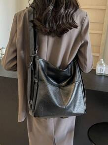 復古托特包 女款秋冬軟皮肩背斜跨包 大容量通勤多功能包 - 黑色 - 查看 11
